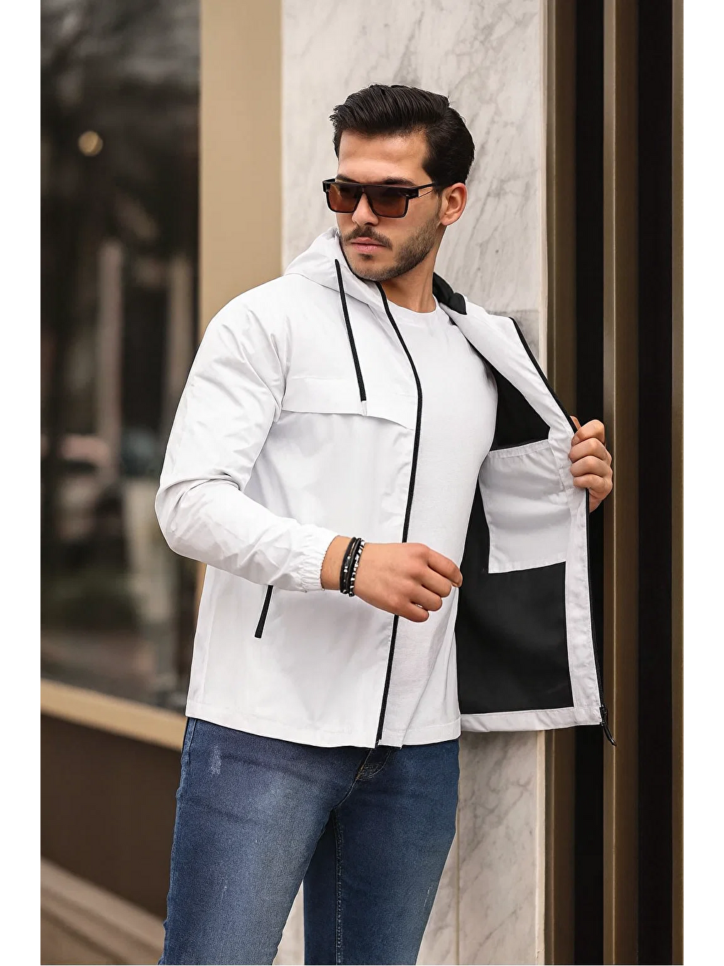 Beyaz Erkek Içi Astarlı Suya Dayanıklı Kapüşonlu Cepli Yağmurluk-4