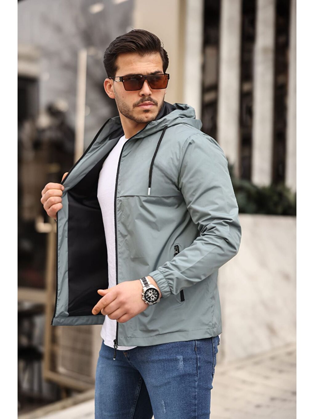 Yeşil Erkek Içi Astarlı Suya Dayanıklı Kapüşonlu Cepli Yağmurluk-1