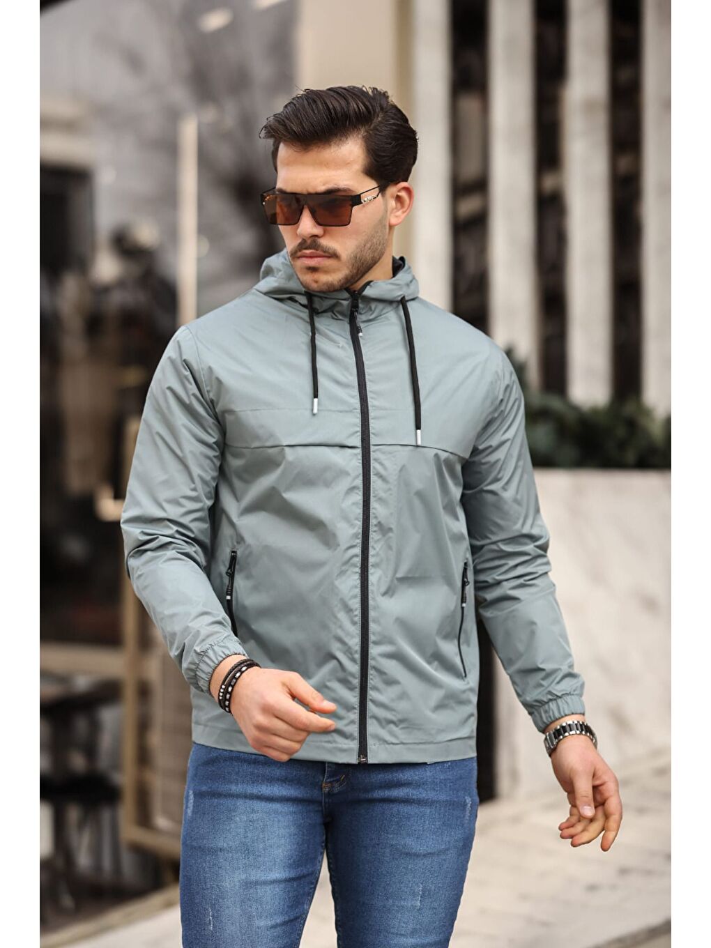 Yeşil Erkek Içi Astarlı Suya Dayanıklı Kapüşonlu Cepli Yağmurluk-2