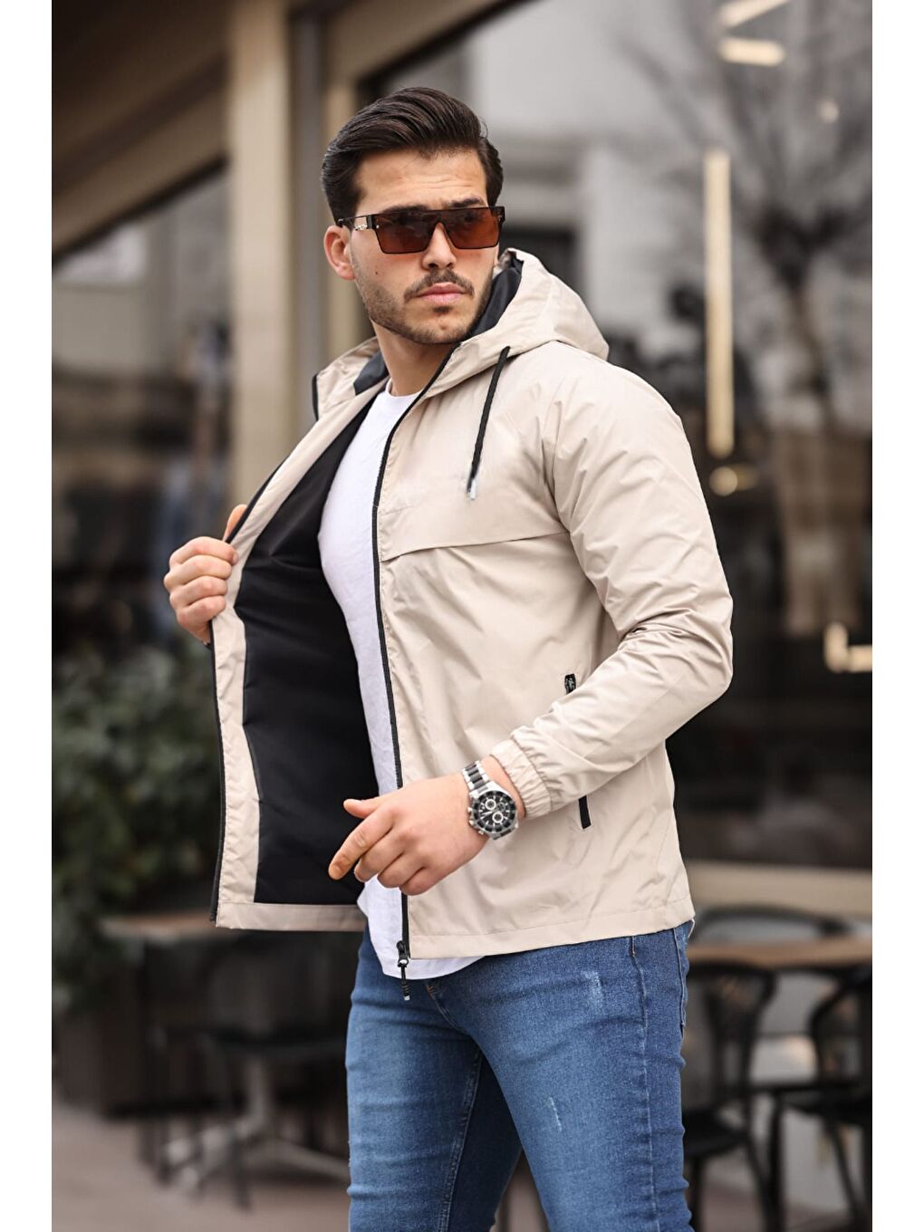 Bej Erkek Içi Astarlı Suya Dayanıklı Kapüşonlu Cepli Yağmurluk-1