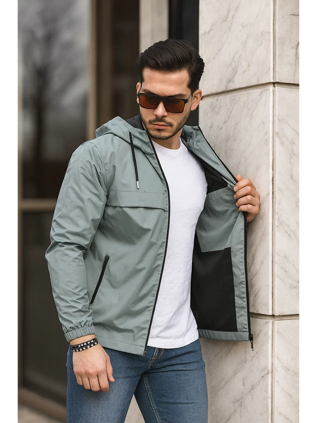 Yeşil Erkek Içi Astarlı Suya Dayanıklı Kapüşonlu Cepli Yağmurluk-3