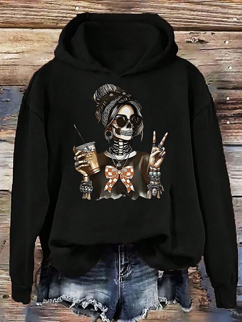 Siyah Özel Skeleton Woman Baskılı Oversize Kapüşonlu Sweatshirt