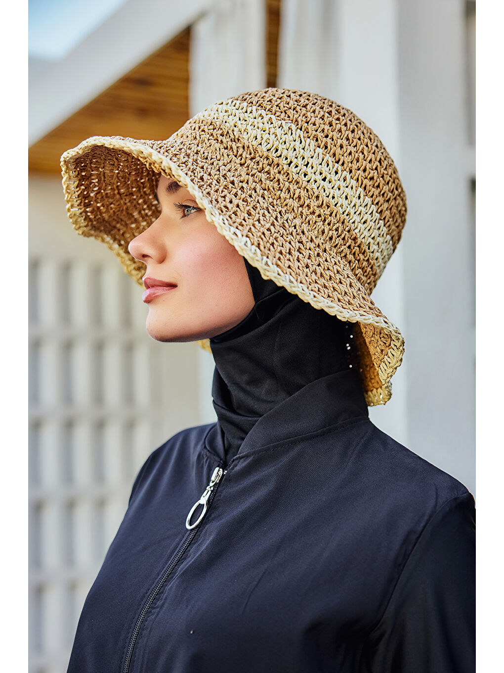 Kahverengi İki Renk Şerit El Örgüsü Hasır Şapka Plaj Şapkası RŞ-102 Camel Bej 2099