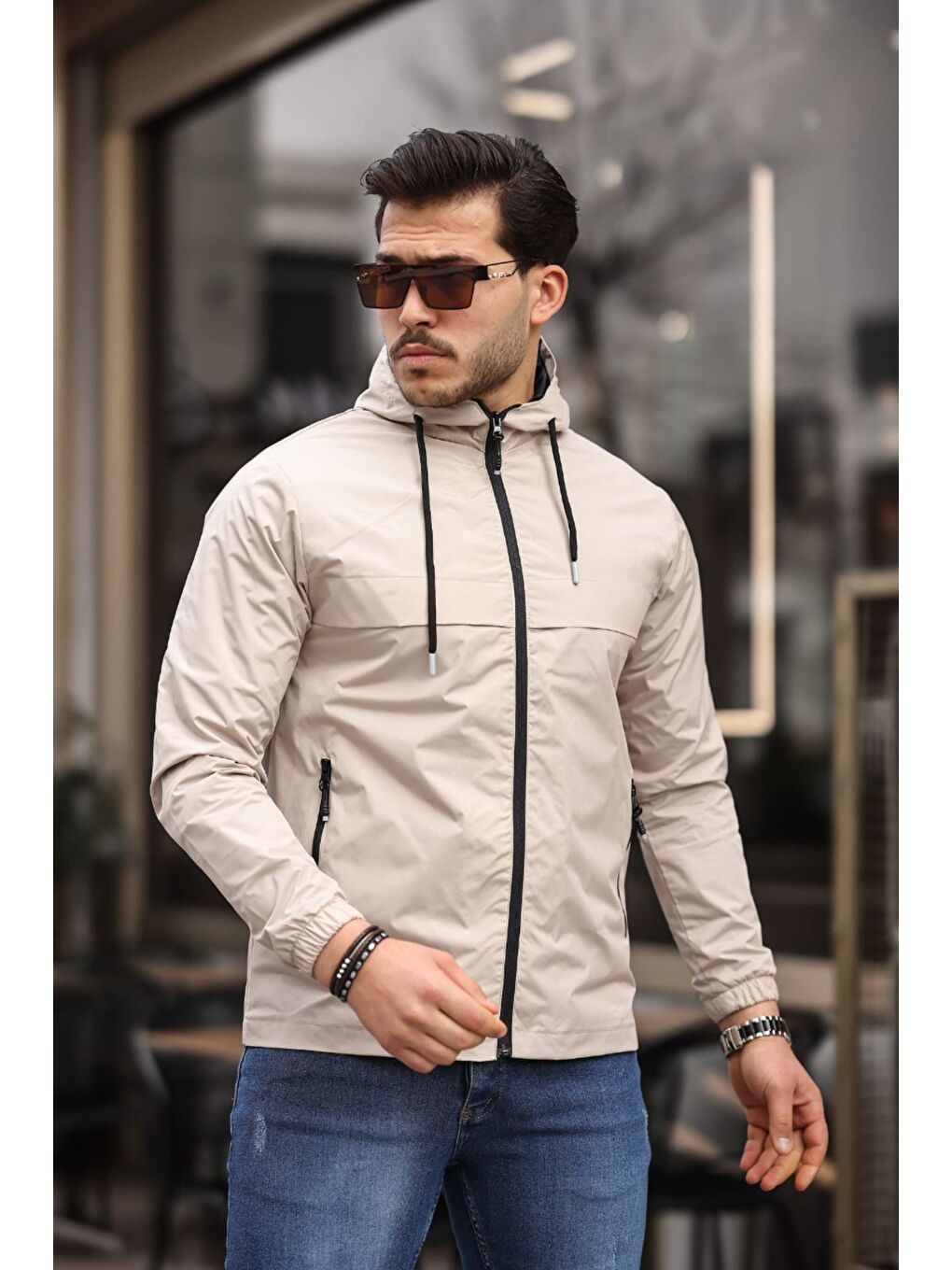 Bej Erkek Içi Astarlı Suya Dayanıklı Kapüşonlu Cepli Yağmurluk-2