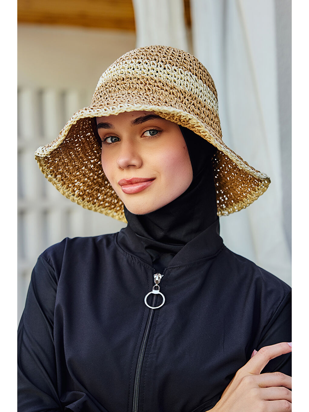 Kahverengi İki Renk Şerit El Örgüsü Hasır Şapka Plaj Şapkası RŞ-102 Camel Bej 2099-1