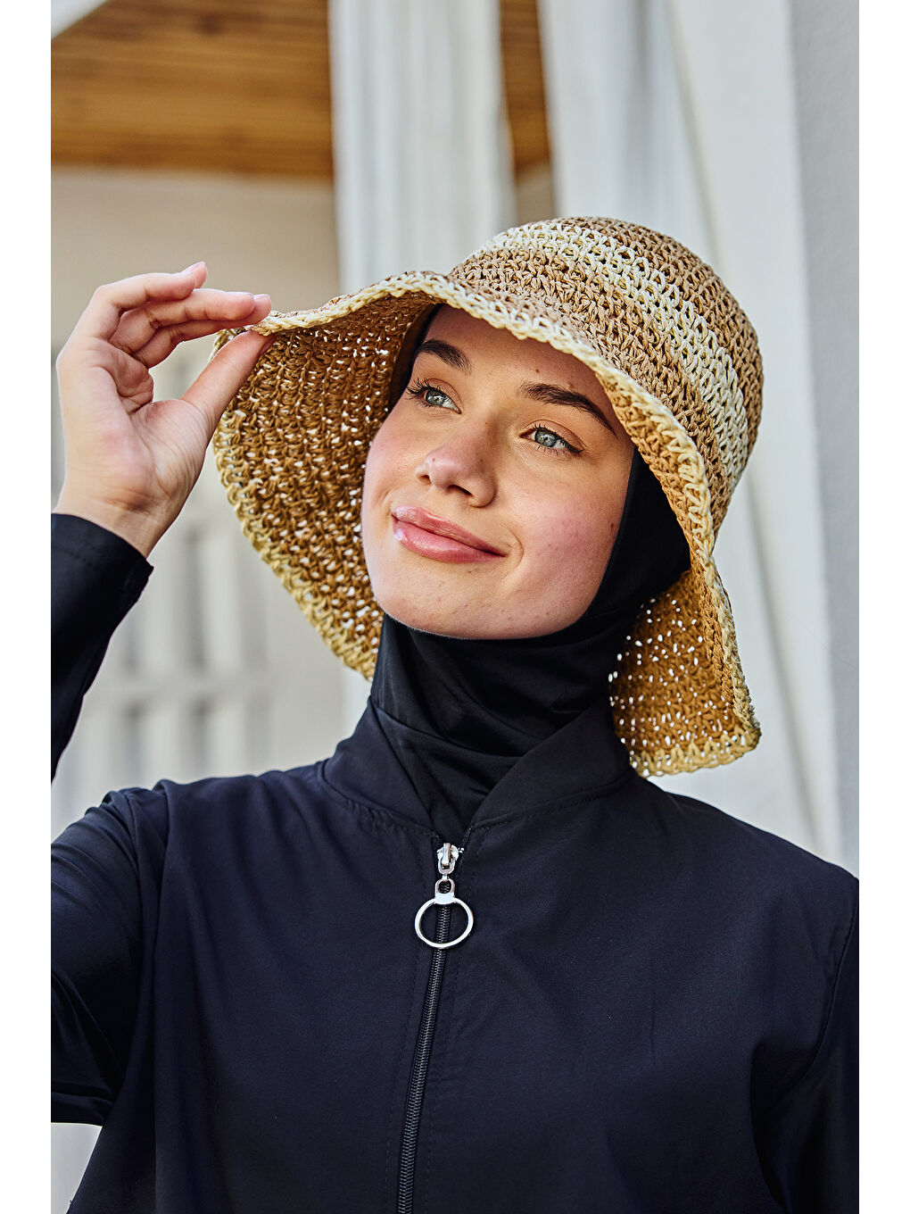 Kahverengi İki Renk Şerit El Örgüsü Hasır Şapka Plaj Şapkası RŞ-102 Camel Bej 2099-2