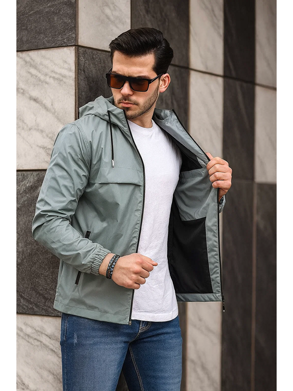 Yeşil Erkek Içi Astarlı Suya Dayanıklı Kapüşonlu Cepli Yağmurluk-4