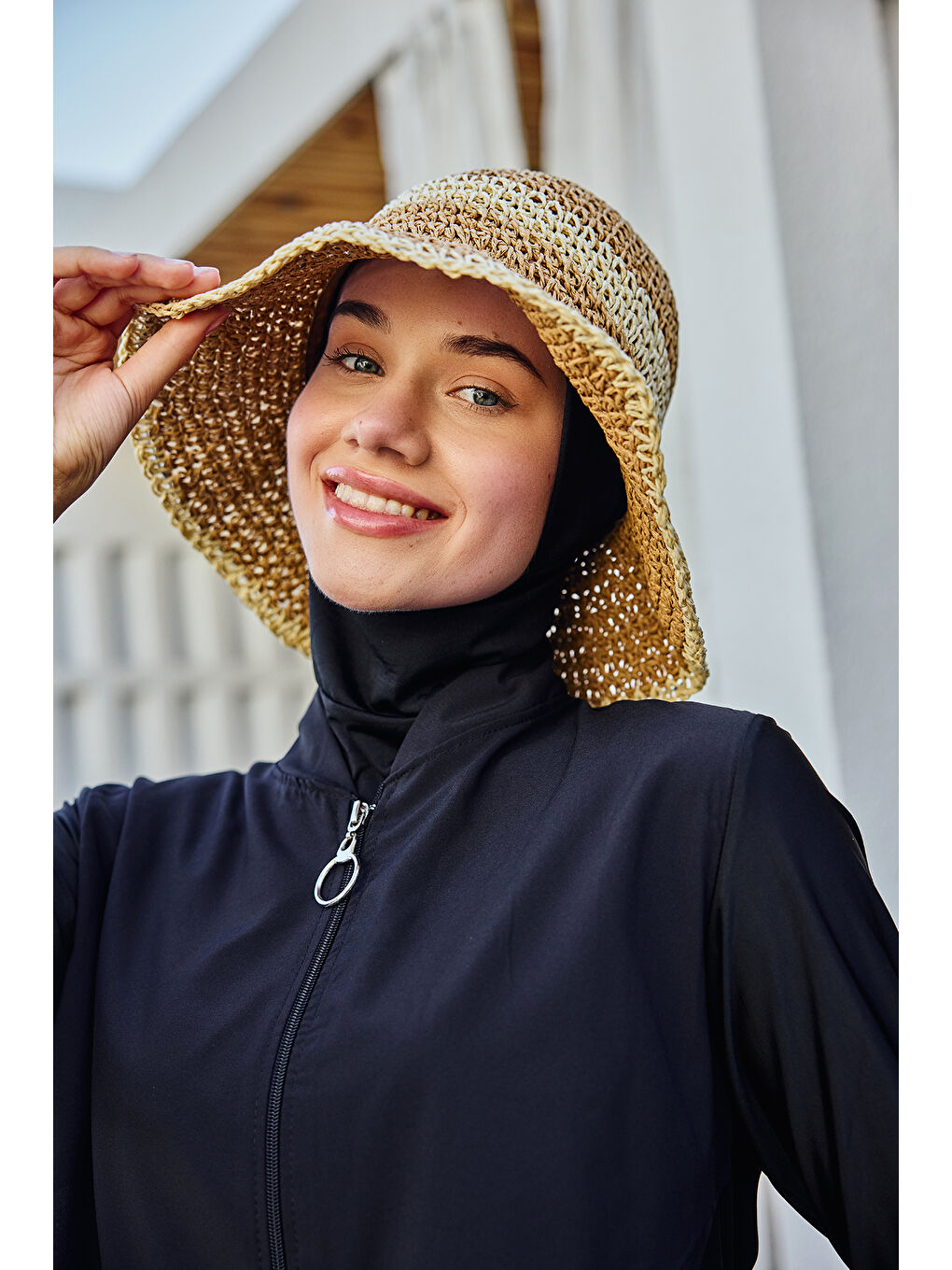 Kahverengi İki Renk Şerit El Örgüsü Hasır Şapka Plaj Şapkası RŞ-102 Camel Bej 2099-3