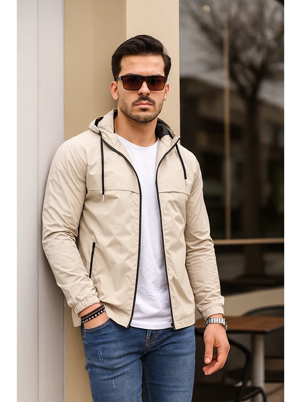 Bej Erkek Içi Astarlı Suya Dayanıklı Kapüşonlu Cepli Yağmurluk-3