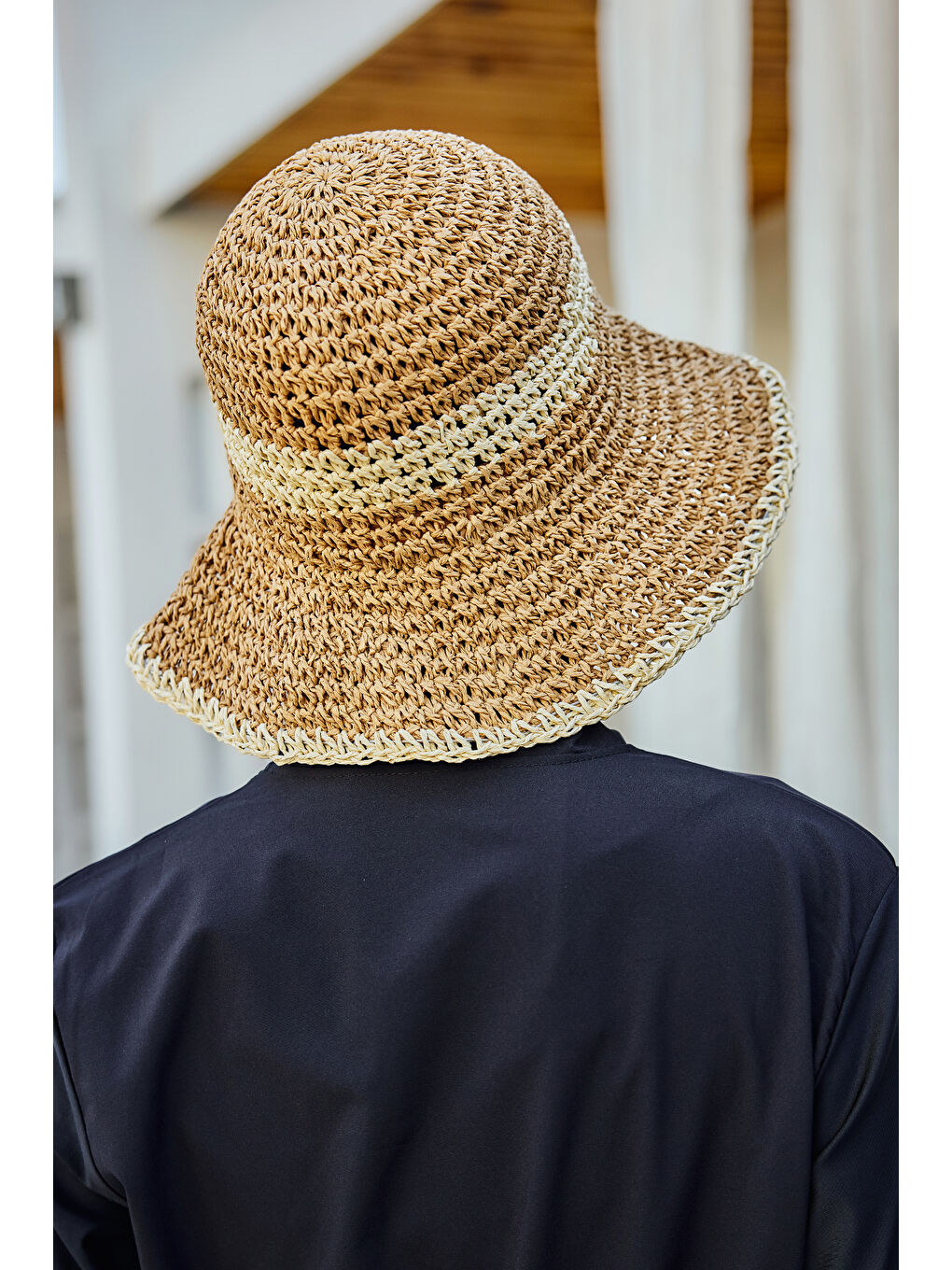 Kahverengi İki Renk Şerit El Örgüsü Hasır Şapka Plaj Şapkası RŞ-102 Camel Bej 2099-4