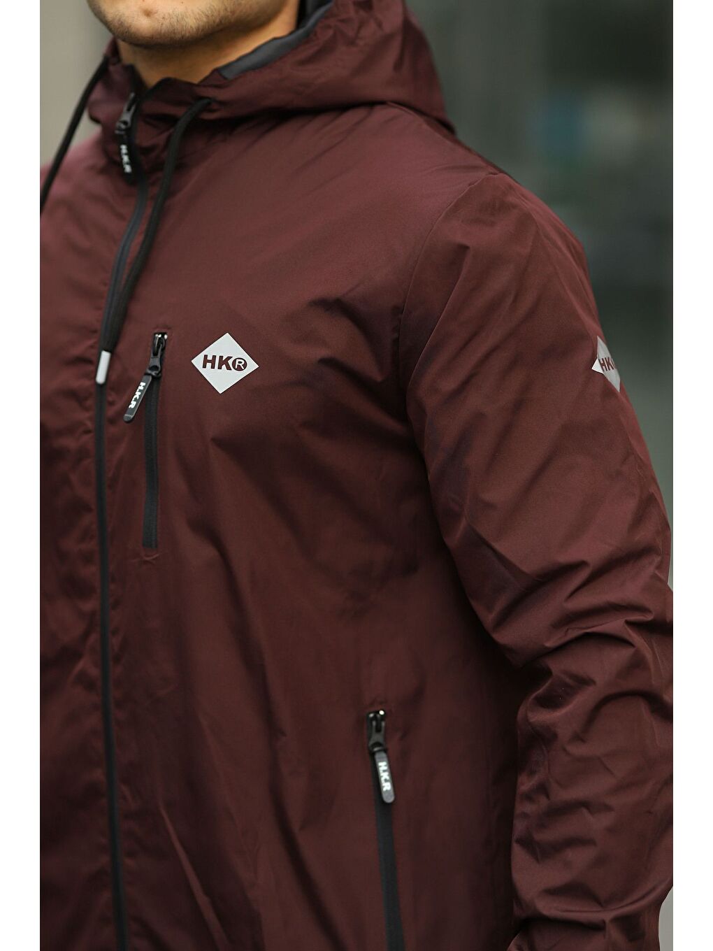 Bordo Erkek Içi Astarlı Suya Dayanıklı Kapüşonlu Cepli Yağmurluk-1