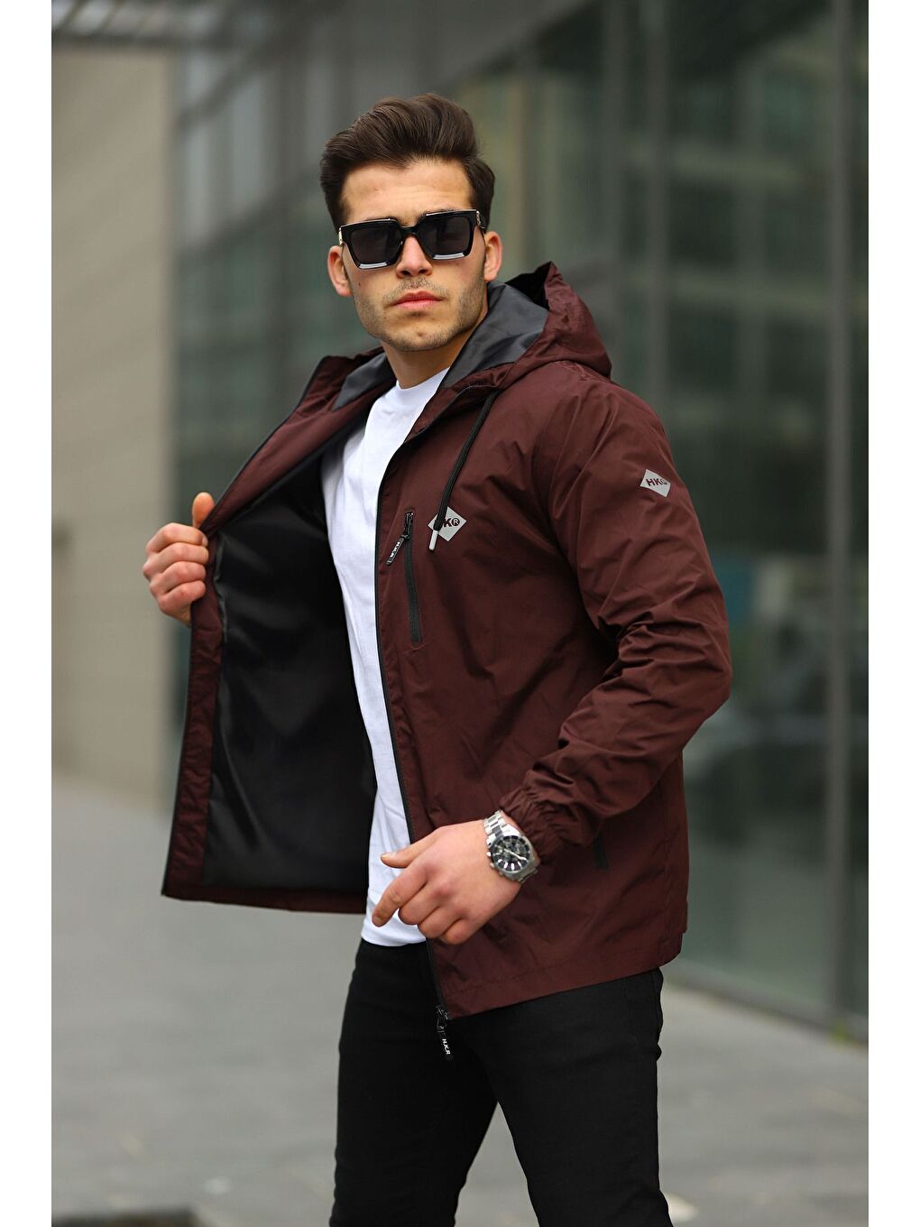 Bordo Erkek Içi Astarlı Suya Dayanıklı Kapüşonlu Cepli Yağmurluk-2