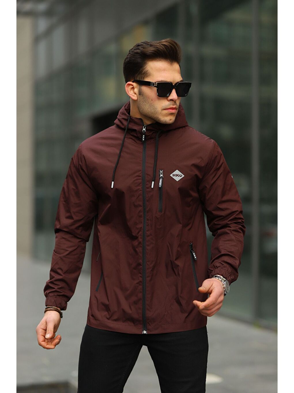 Bordo Erkek Içi Astarlı Suya Dayanıklı Kapüşonlu Cepli Yağmurluk-3
