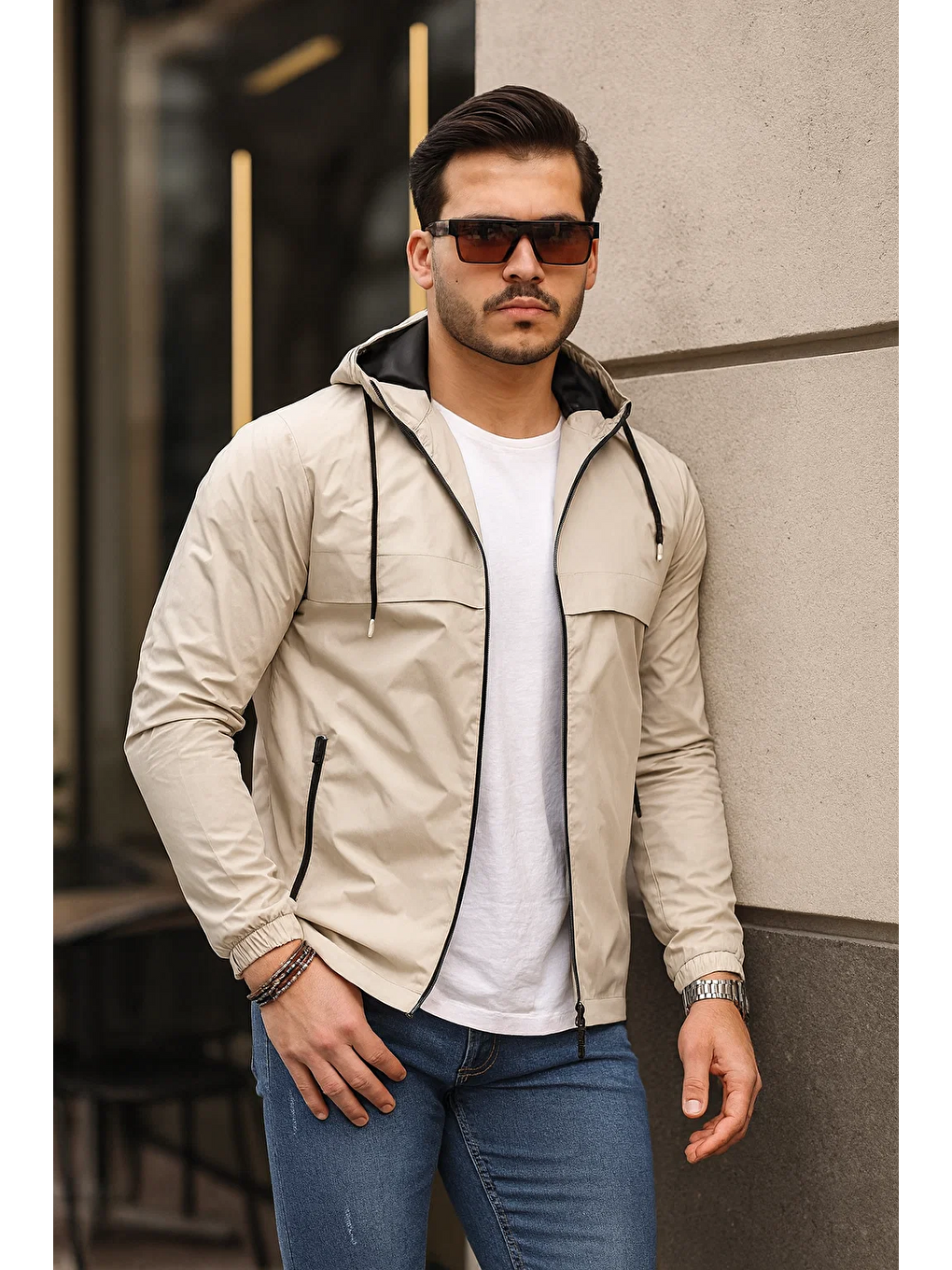 Bej Erkek Içi Astarlı Suya Dayanıklı Kapüşonlu Cepli Yağmurluk-4