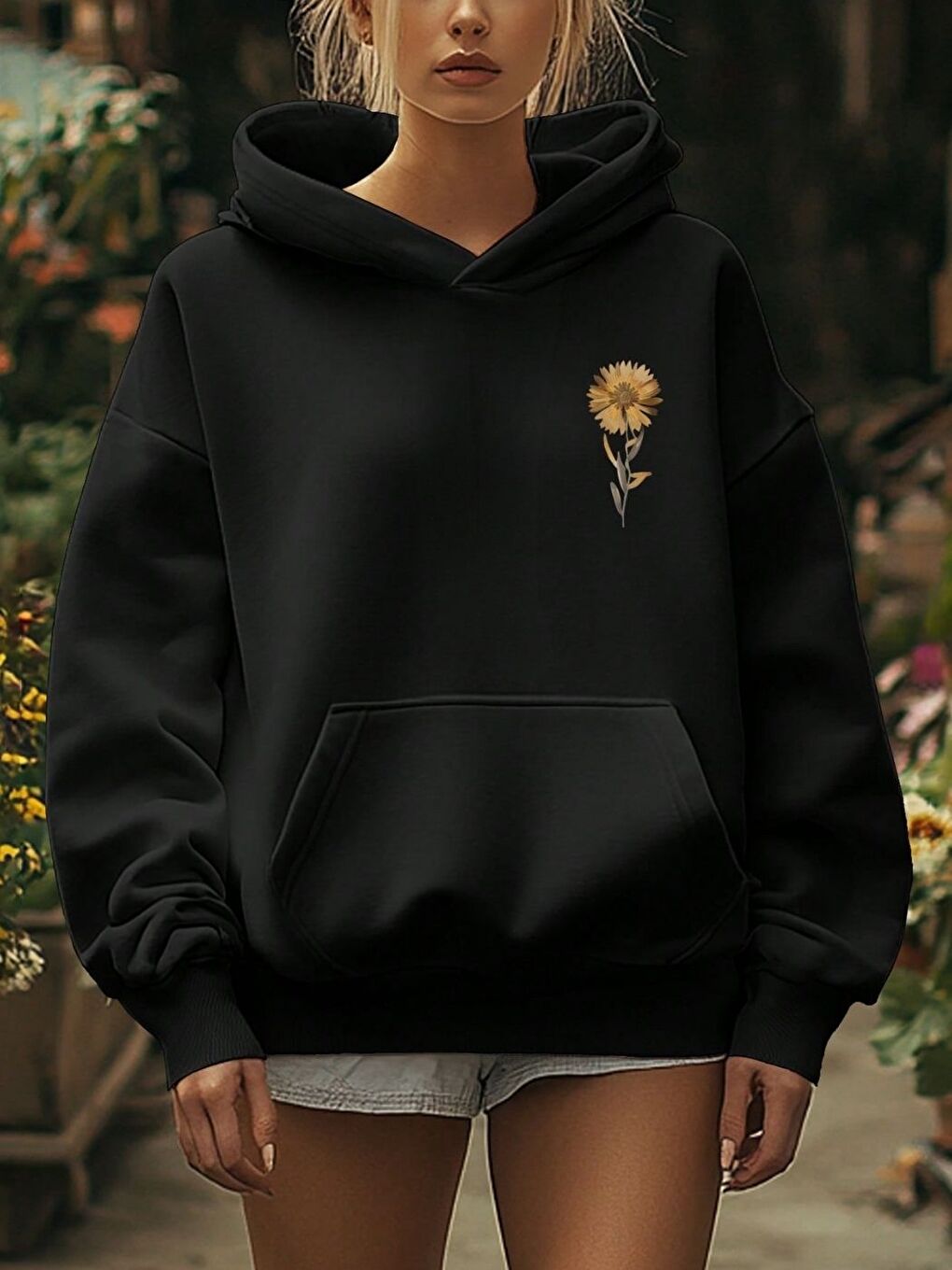 Siyah Özel Gerberalar Baskılı Oversize Kapüşonlu Sweatshirt-1