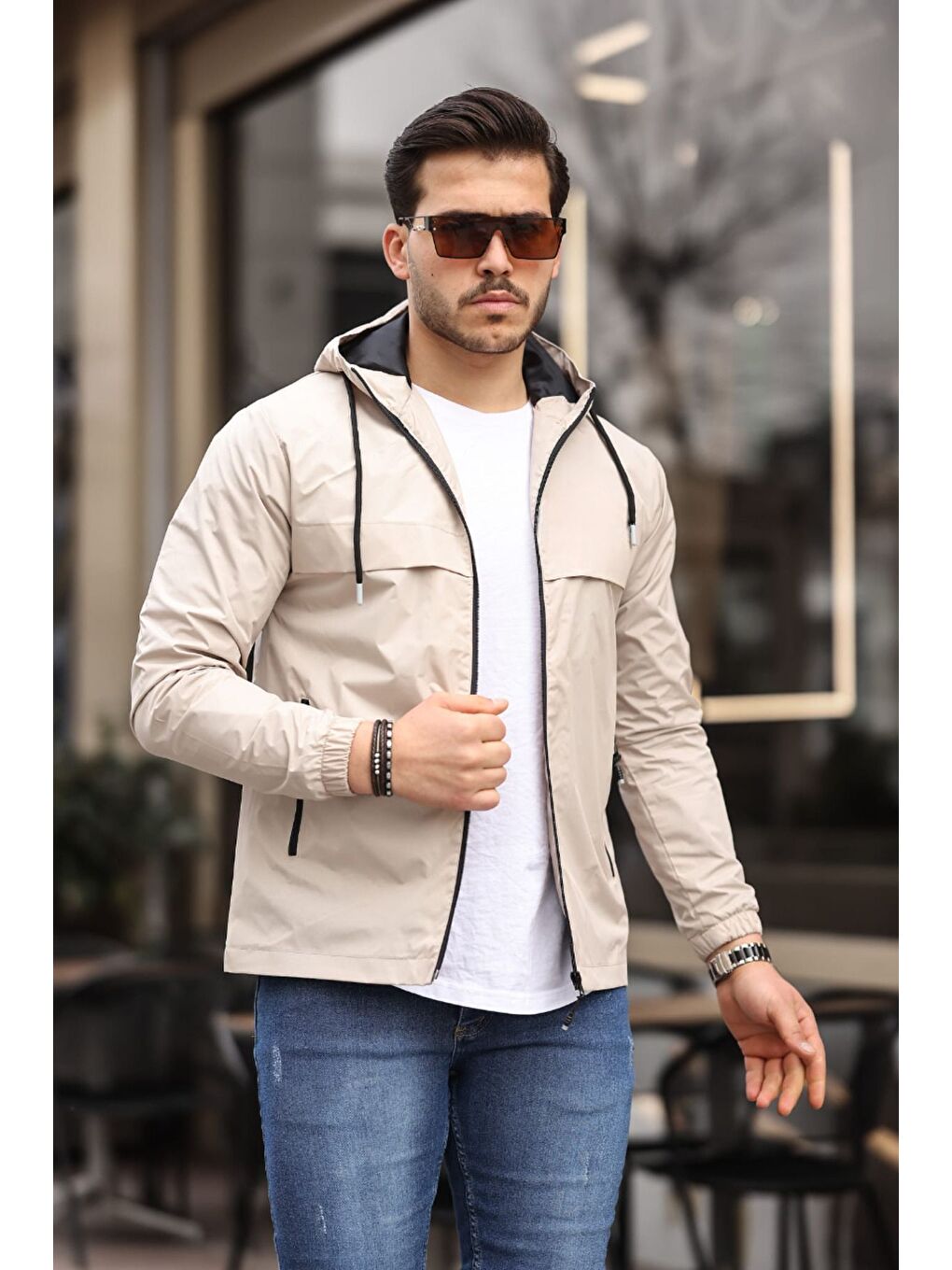 Bej Erkek Içi Astarlı Suya Dayanıklı Kapüşonlu Cepli Yağmurluk-5