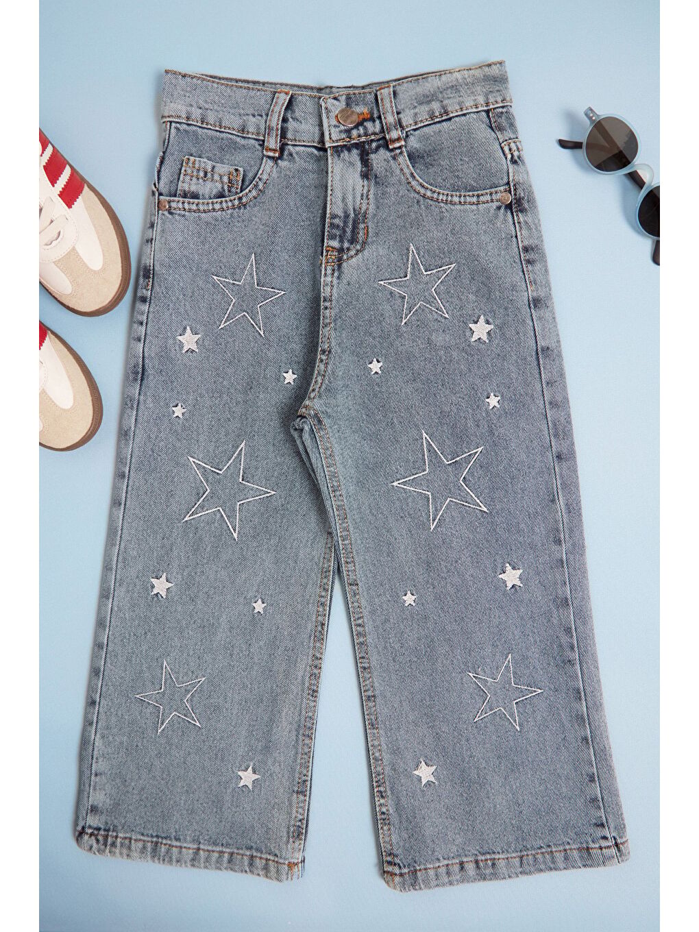 Mavi Yıldız Nakışlı Beli Ayarlanabilir Kız Çocuk Pantolon