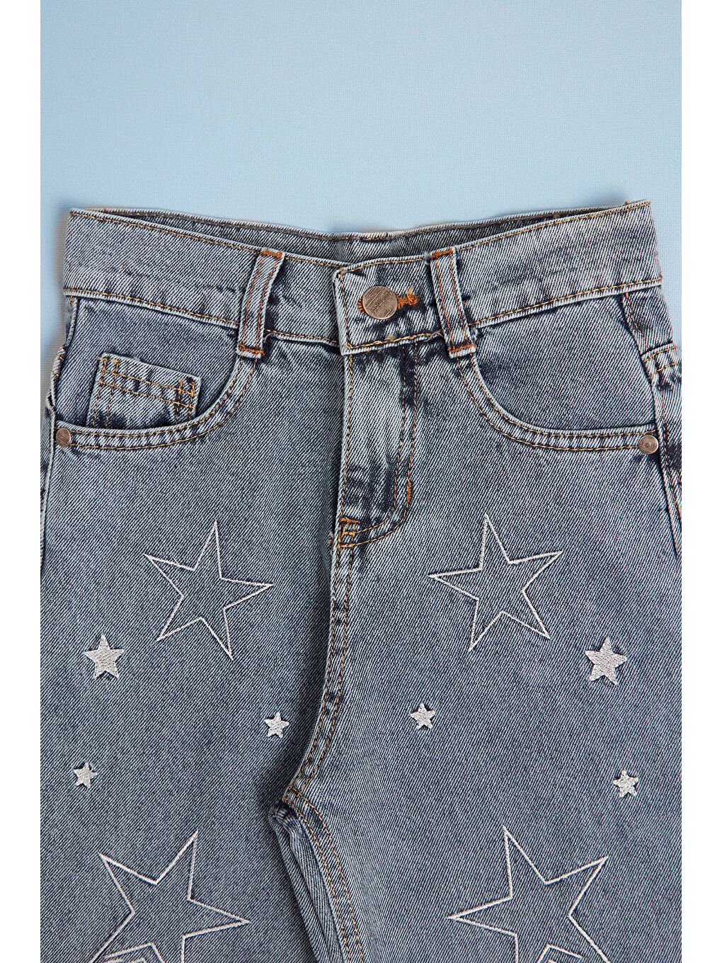 Mavi Yıldız Nakışlı Beli Ayarlanabilir Kız Çocuk Pantolon-1