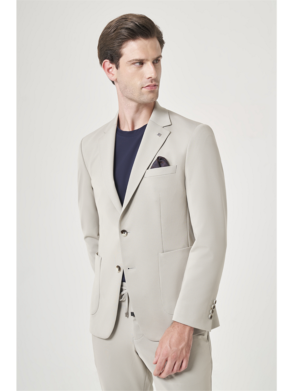 Bej Mono Yaka 6 Drop Slim Fit Esnek Beli Lastikli Takım Elbise 1001260165-1