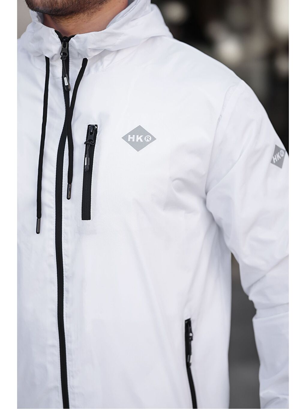 Beyaz Erkek Içi Astarlı Suya Dayanıklı Kapüşonlu Cepli Yağmurluk-1