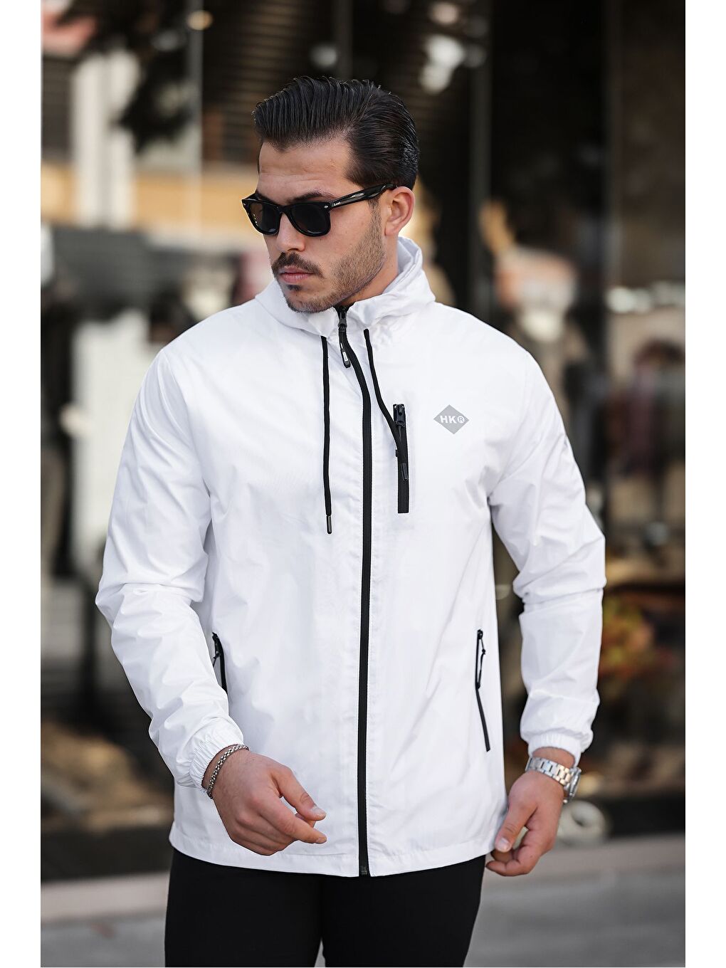 Beyaz Erkek Içi Astarlı Suya Dayanıklı Kapüşonlu Cepli Yağmurluk-2