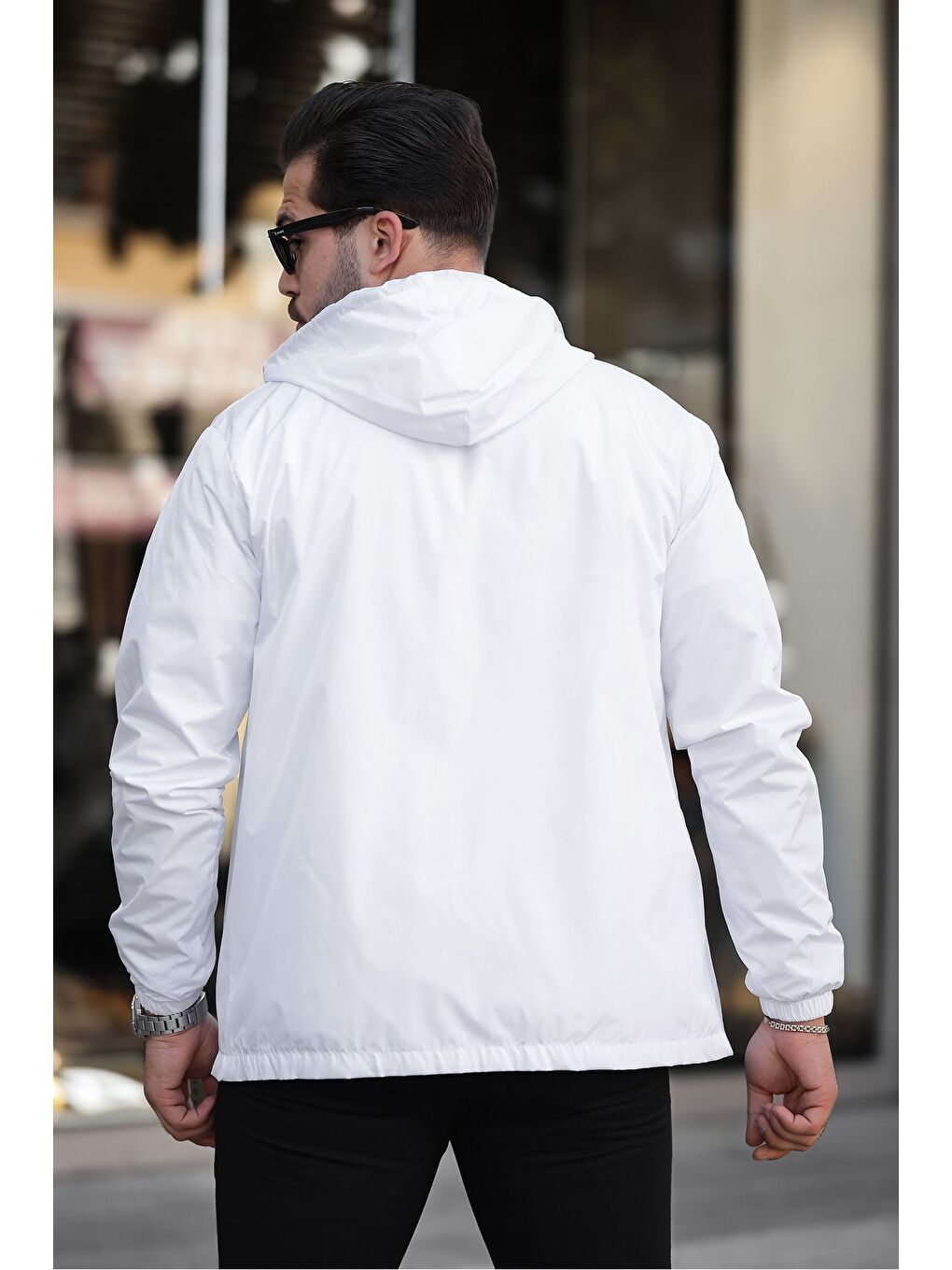 Beyaz Erkek Içi Astarlı Suya Dayanıklı Kapüşonlu Cepli Yağmurluk-3