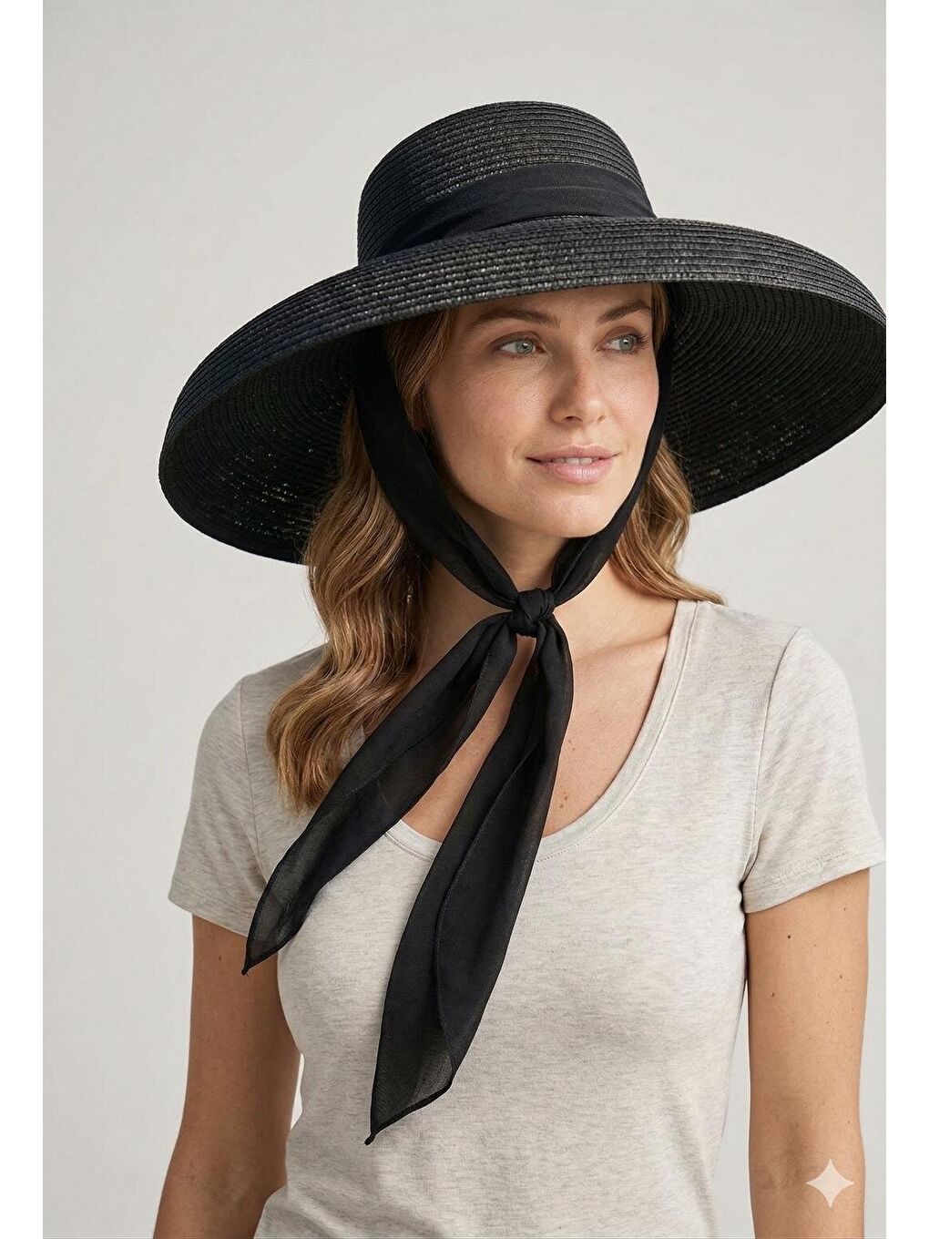 Siyah Hasır Şapka Geniş Kenarlı Bağlamalı Kurdele Detaylı Yazlık HSR2126 SIYAH