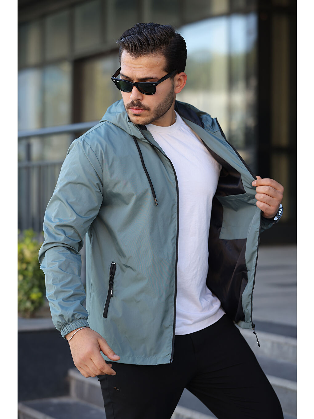 Yeşil Erkek İçi Astarlı Suya Dayanıklı Kapüşonlu Cepli Yağmurluk-1