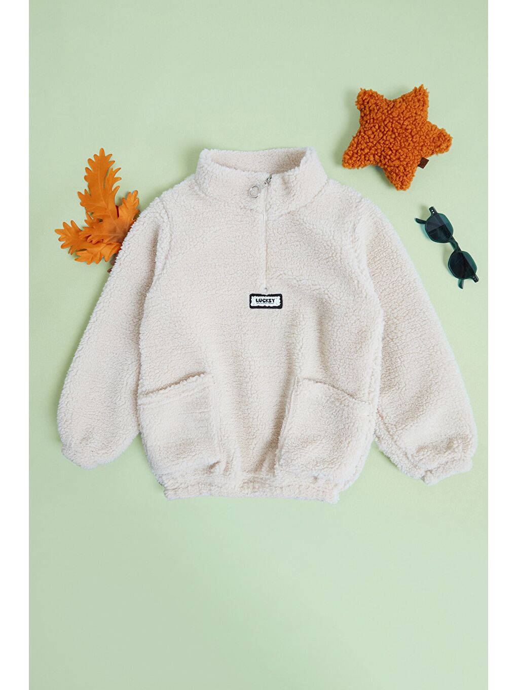 Bej Yarım Fermuarlı Cepli Unisex Çocuk Pelüş Sweatshirt