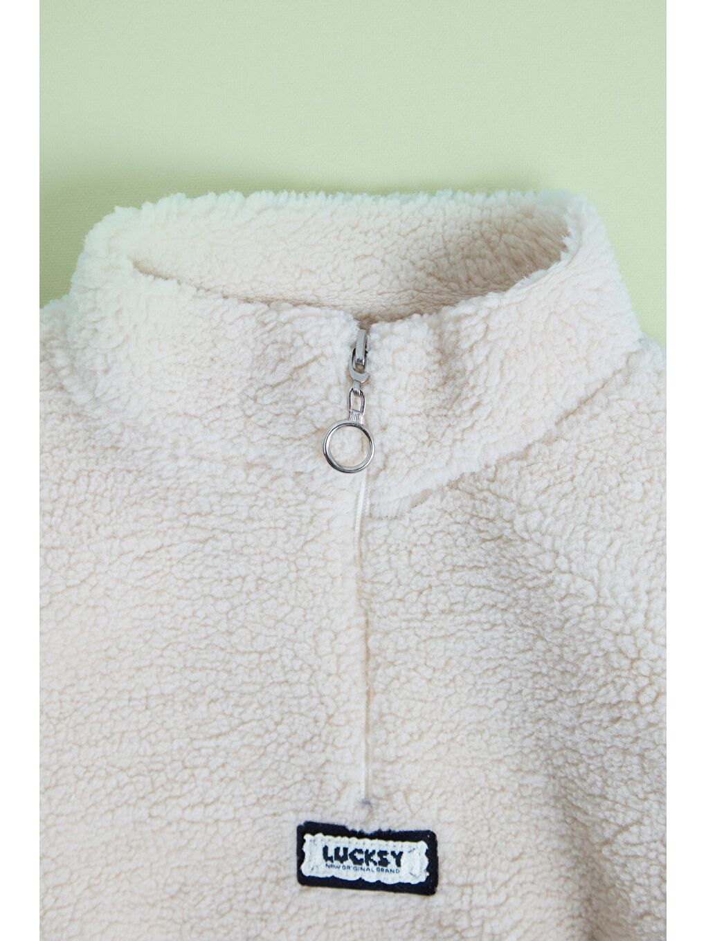 Bej Yarım Fermuarlı Cepli Unisex Çocuk Pelüş Sweatshirt-1