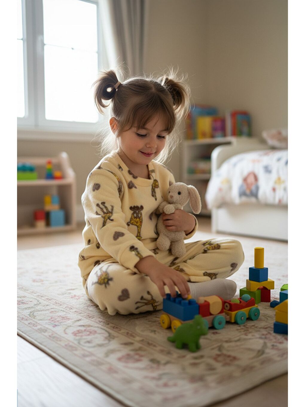 Sarı Ev Desenli Polar Unisex Çocuk Pijama Takımı