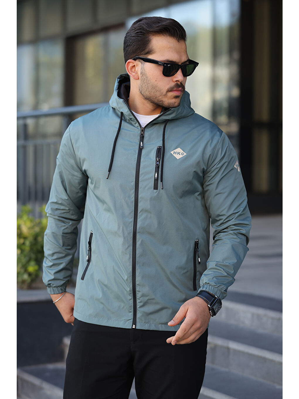 Yeşil Erkek İçi Astarlı Suya Dayanıklı Kapüşonlu Cepli Yağmurluk-2