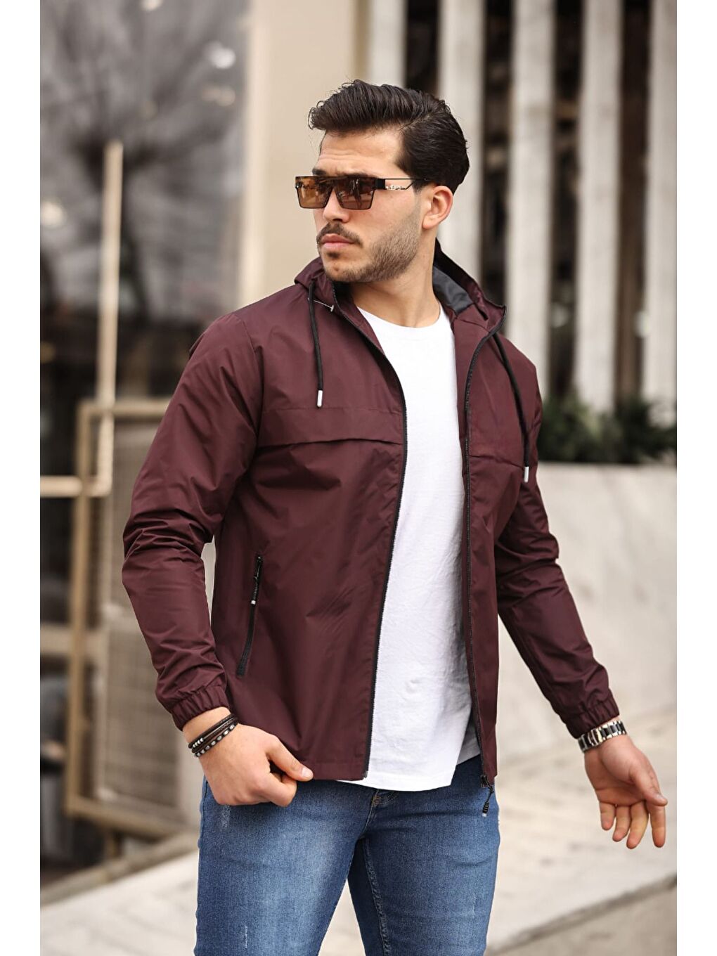 Bordo Erkek Içi Astarlı Suya Dayanıklı Kapüşonlu Cepli Yağmurluk-1