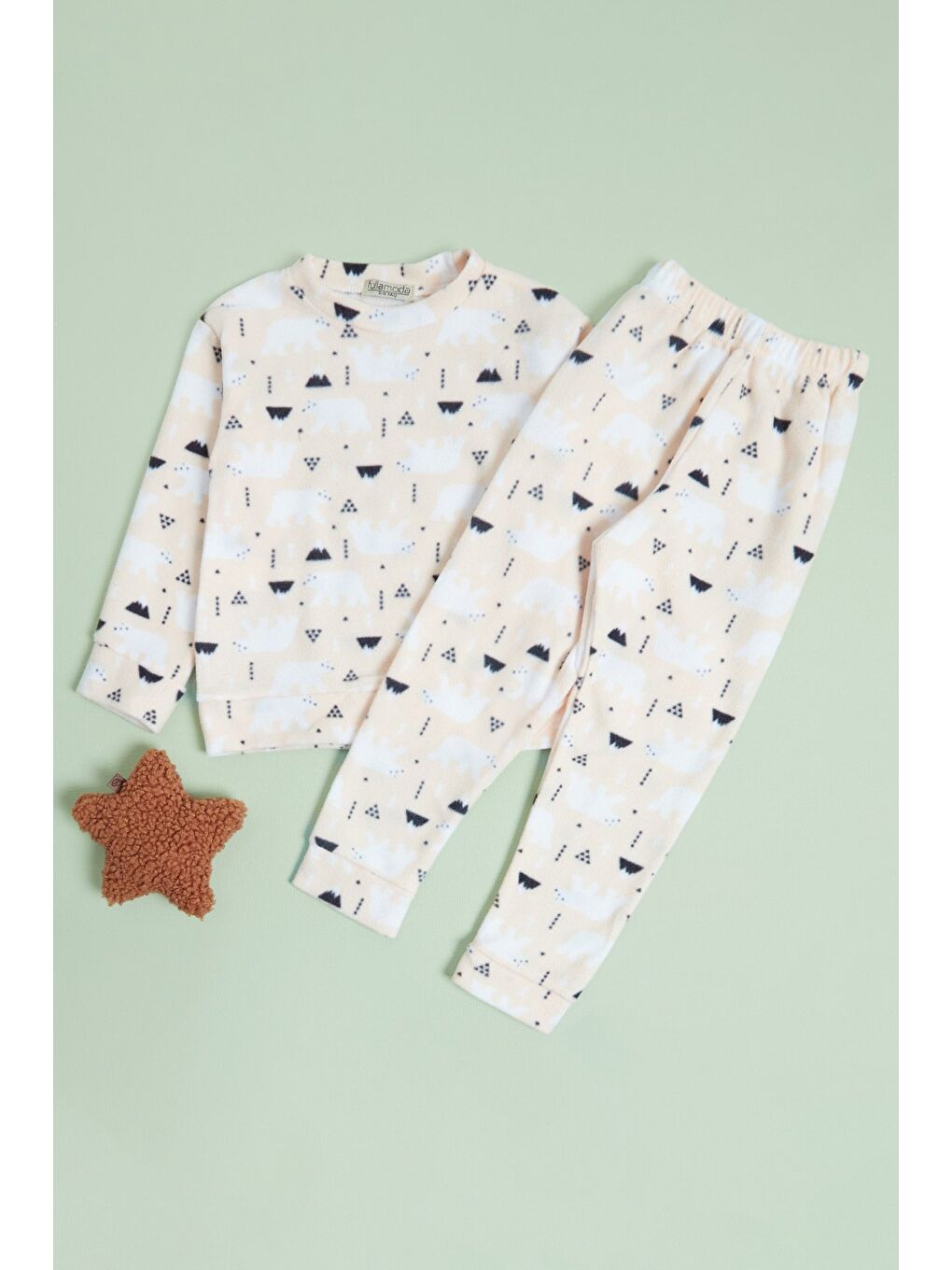 Sarı Ev Desenli Polar Unisex Çocuk Pijama Takımı-2