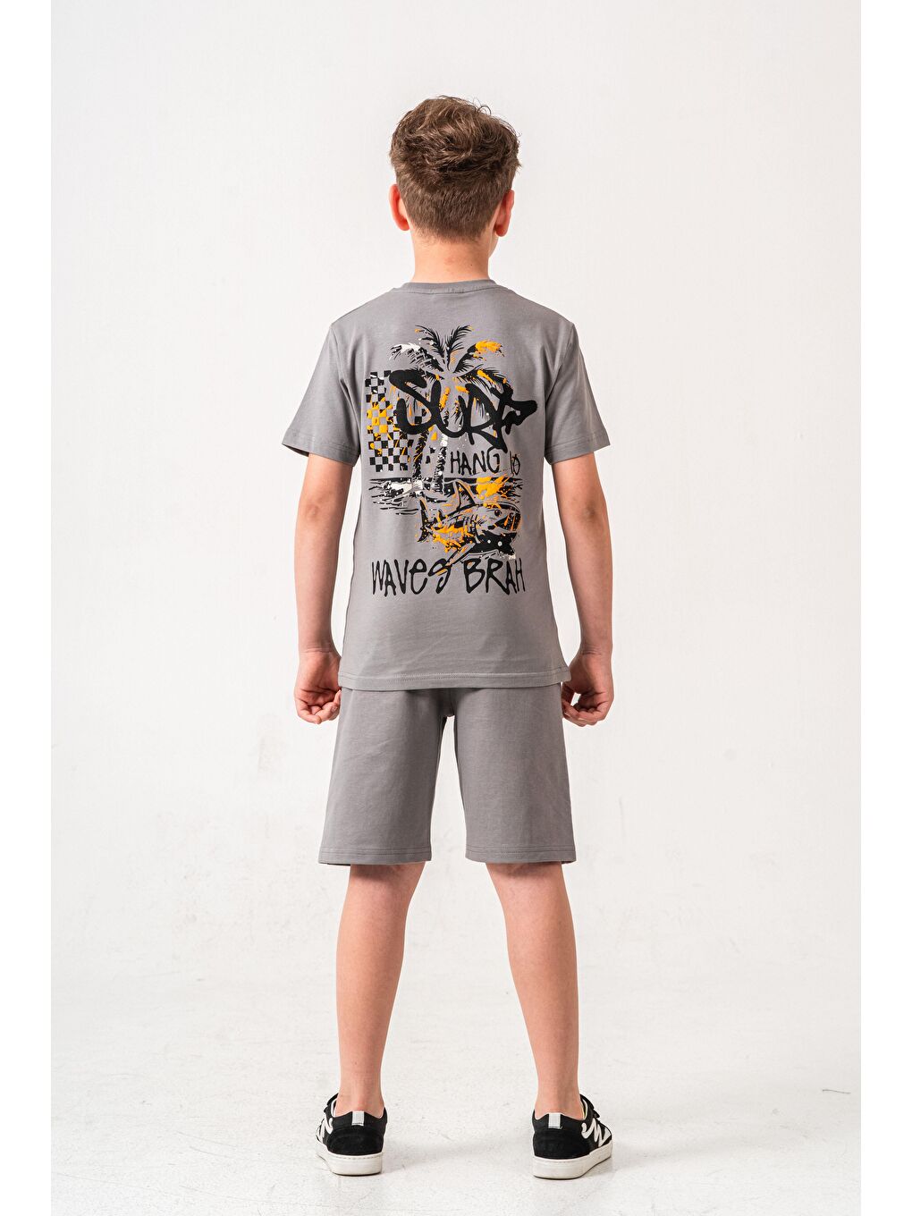 Gri Ust On Ve Arka Baskılı Erkek Çocuk Şort - Tişört Takımı-7