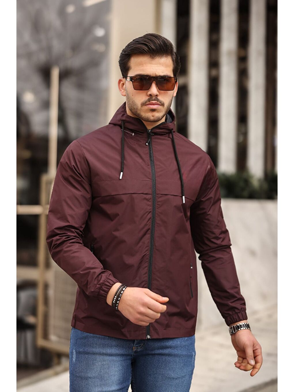 Bordo Erkek Içi Astarlı Suya Dayanıklı Kapüşonlu Cepli Yağmurluk-2