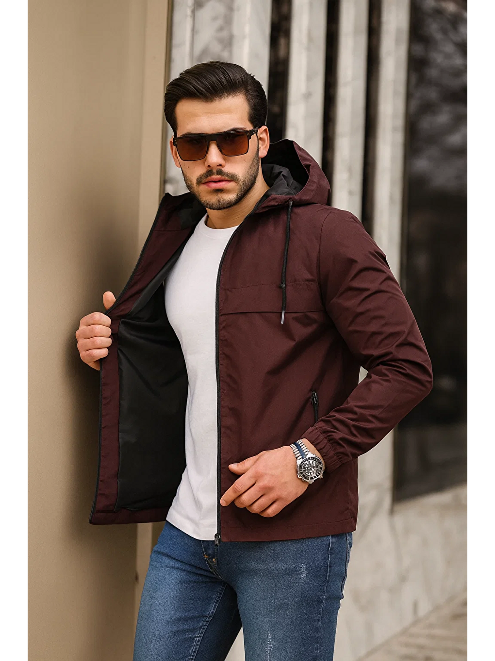 Bordo Erkek Içi Astarlı Suya Dayanıklı Kapüşonlu Cepli Yağmurluk-3