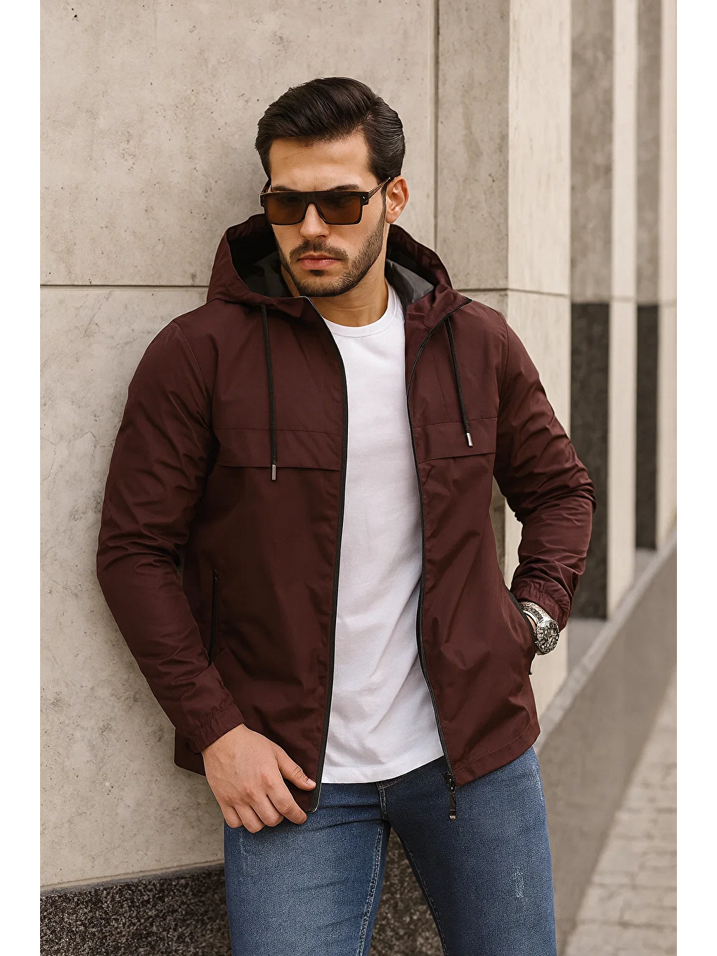 Bordo Erkek Içi Astarlı Suya Dayanıklı Kapüşonlu Cepli Yağmurluk-4