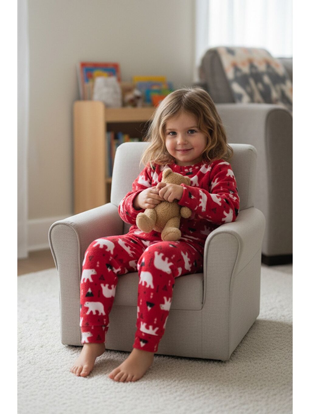 Kırmızı Ev Desenli Polar Unisex Çocuk Pijama Takımı-1