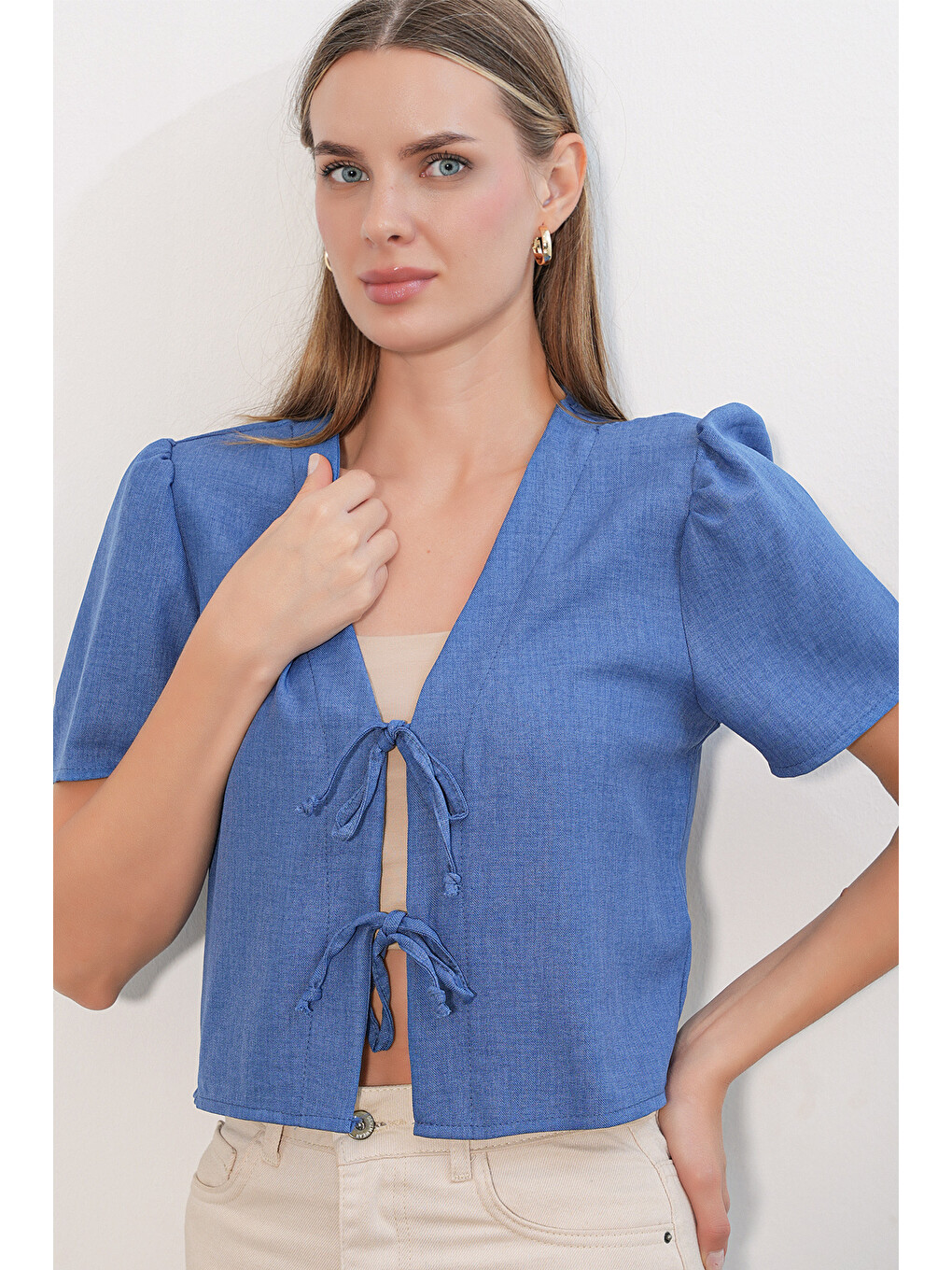 Kadın Kısa Kol Crop Bluz 958 - İndigo-3