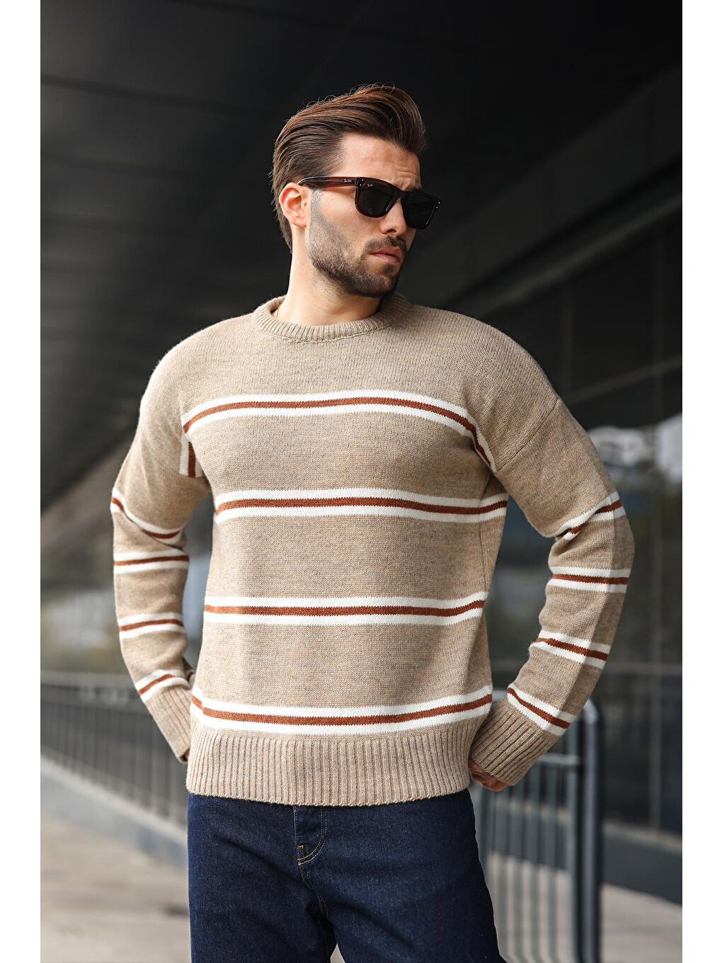 Bej Vizon Çizgili Bisiklet Yaka Triko Erkek Kazak E7457