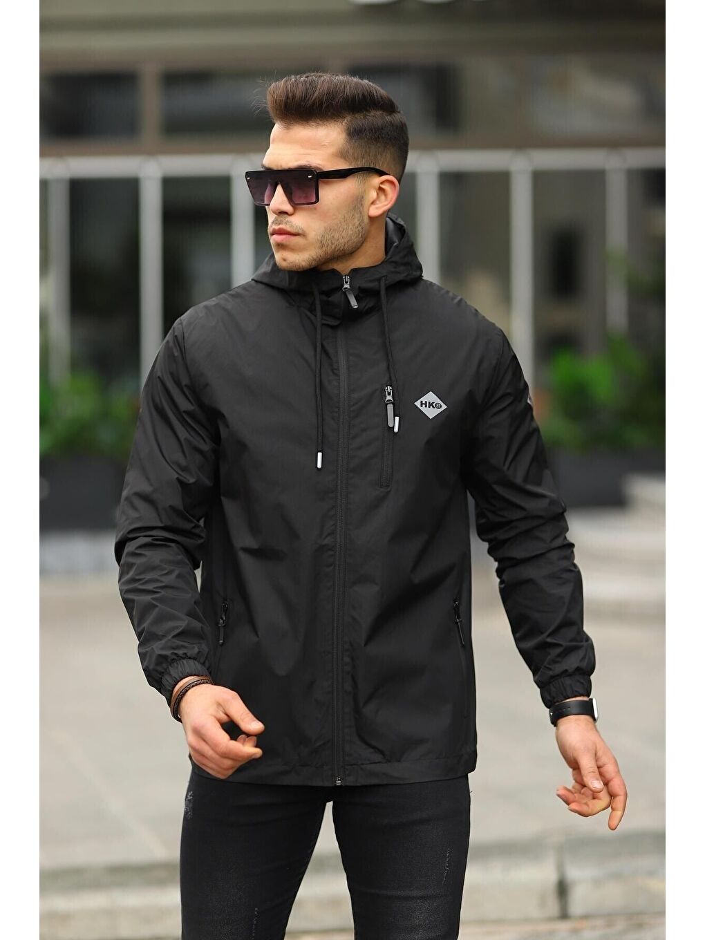 Siyah Erkek Içi Astarlı Suya Dayanıklı Kapüşonlu Cepli Yağmurluk