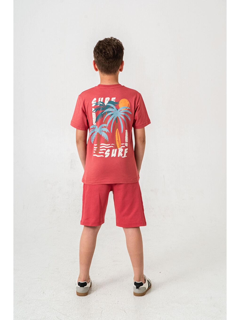 Kahverengi Surf Ups Baskılı Bacak Ve Sırt  Baskı Detaylı  Erkek Çocuk Şort - Tişört Takımı-4