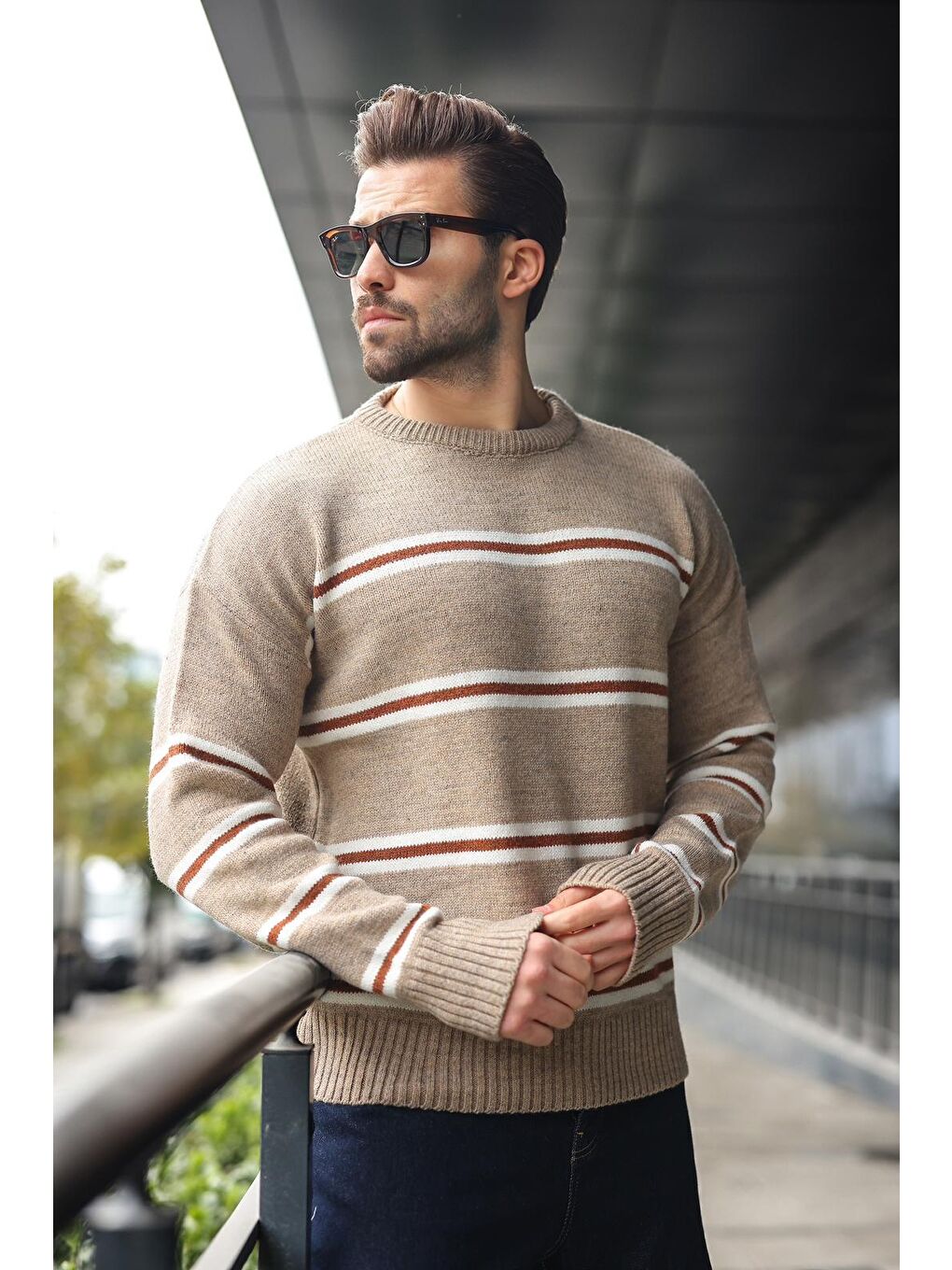 Bej Vizon Çizgili Bisiklet Yaka Triko Erkek Kazak E7457-1