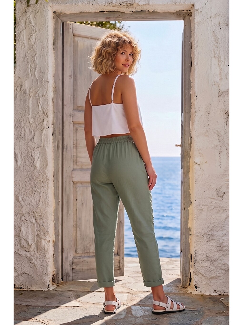 İtalyan Haki Cepli Pul Payetli Lastikli Bel Dar Paça Casual Dokuma Pantolon 95 65-5