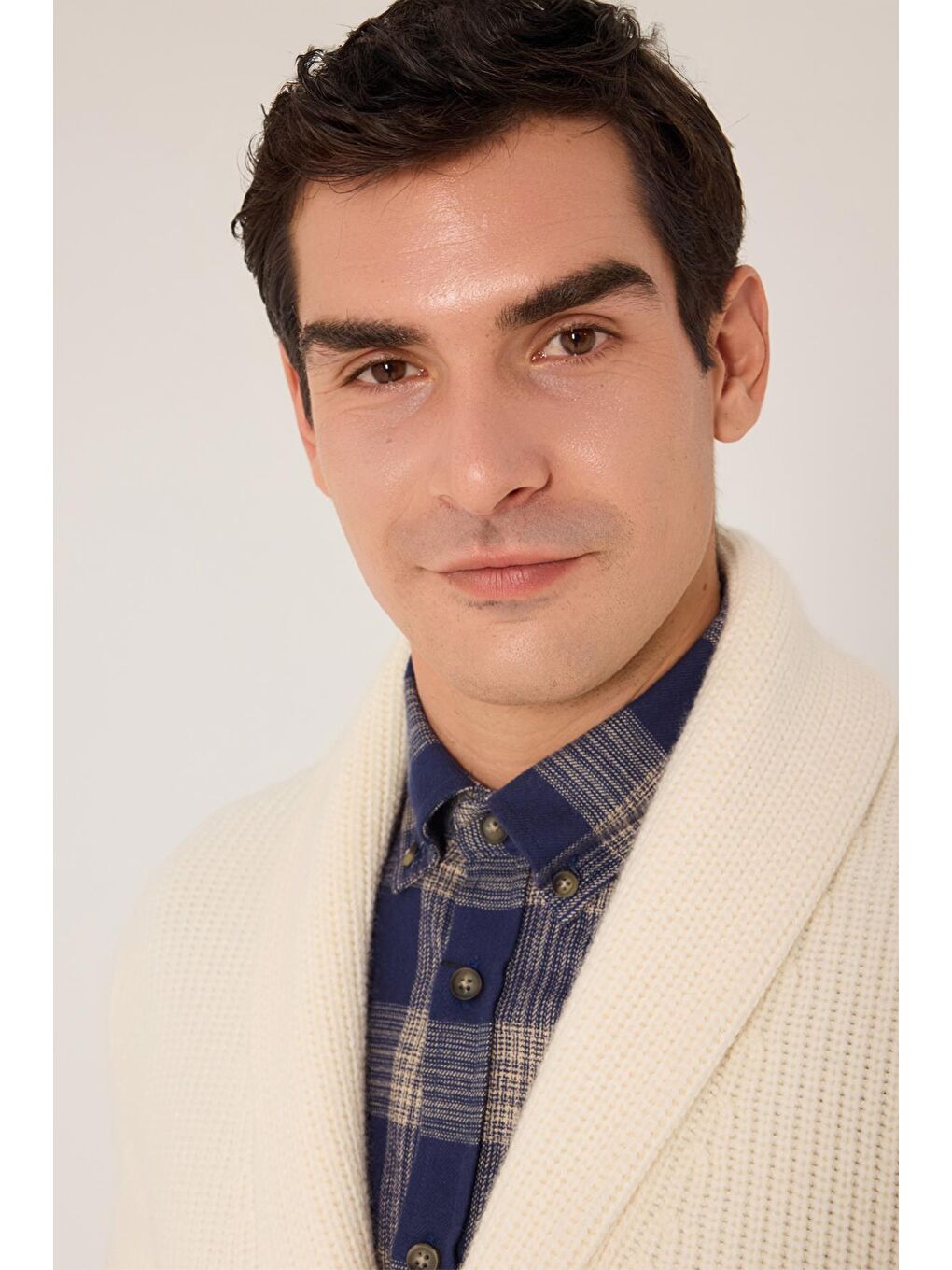 Ekru Comfort Fit Yün Karışımlı Şal Yaka Cepli Triko Hırka-2