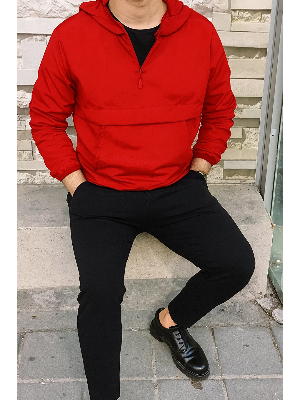 Erkek Fermuarlı Astarsız Kanguru Cep Kırmızı Yağmurluk-1