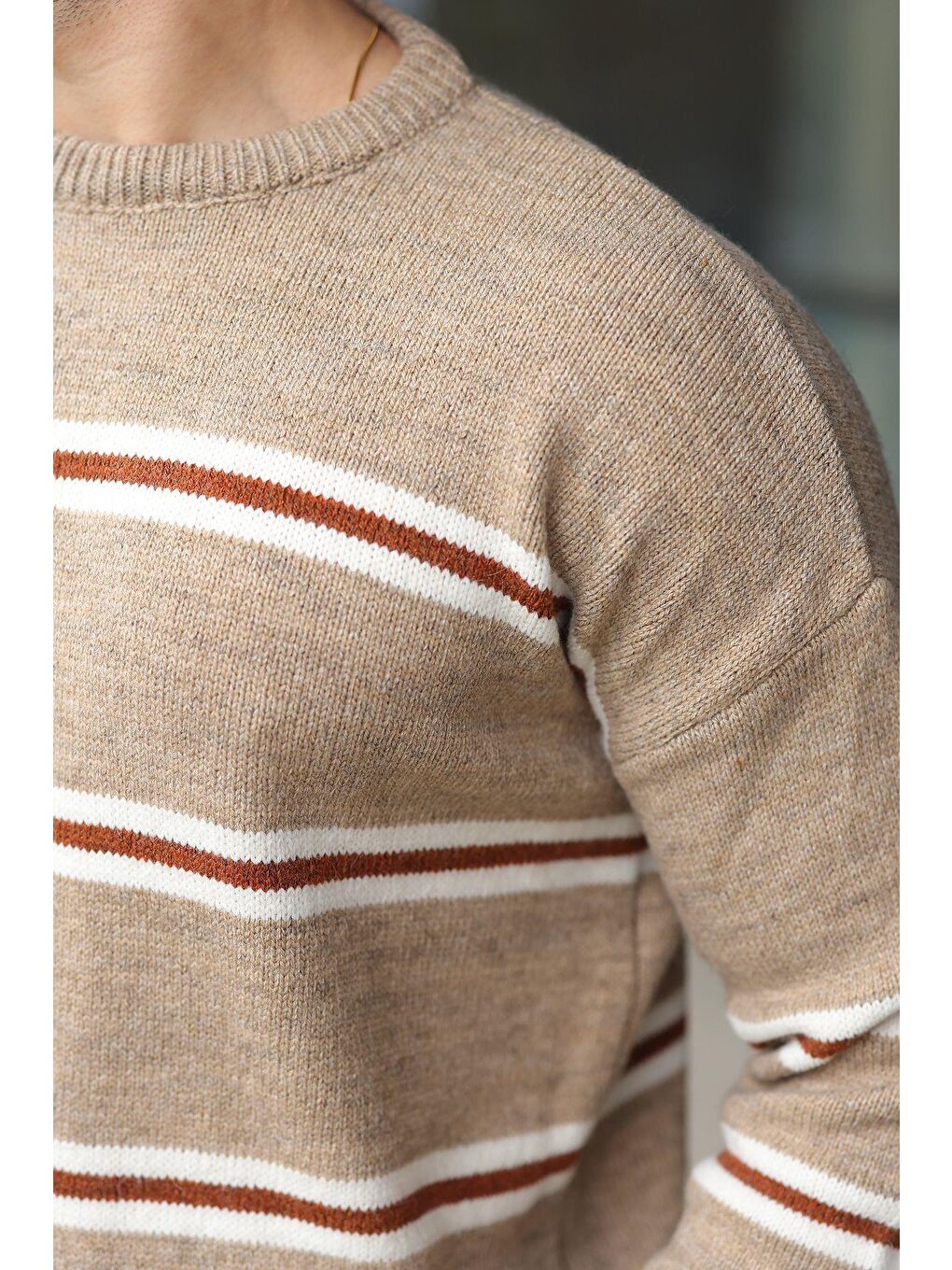 Bej Vizon Çizgili Bisiklet Yaka Triko Erkek Kazak E7457-2