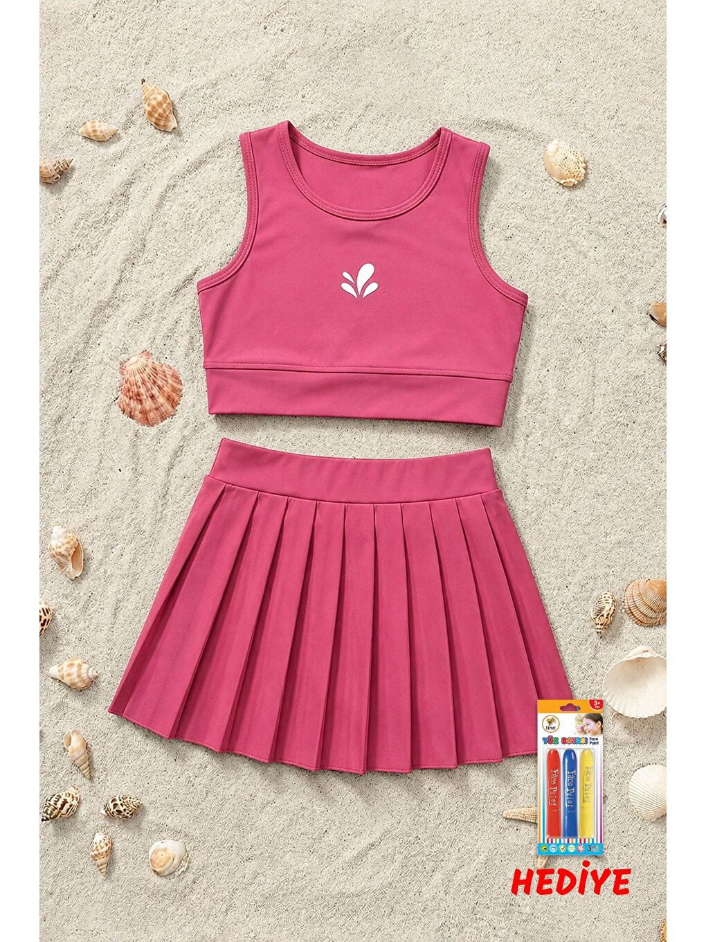 Pembe Kız Çocuk Sportif Gül Kurusu Pileli Crop - Şort Etek Alt - Üst Takım-1