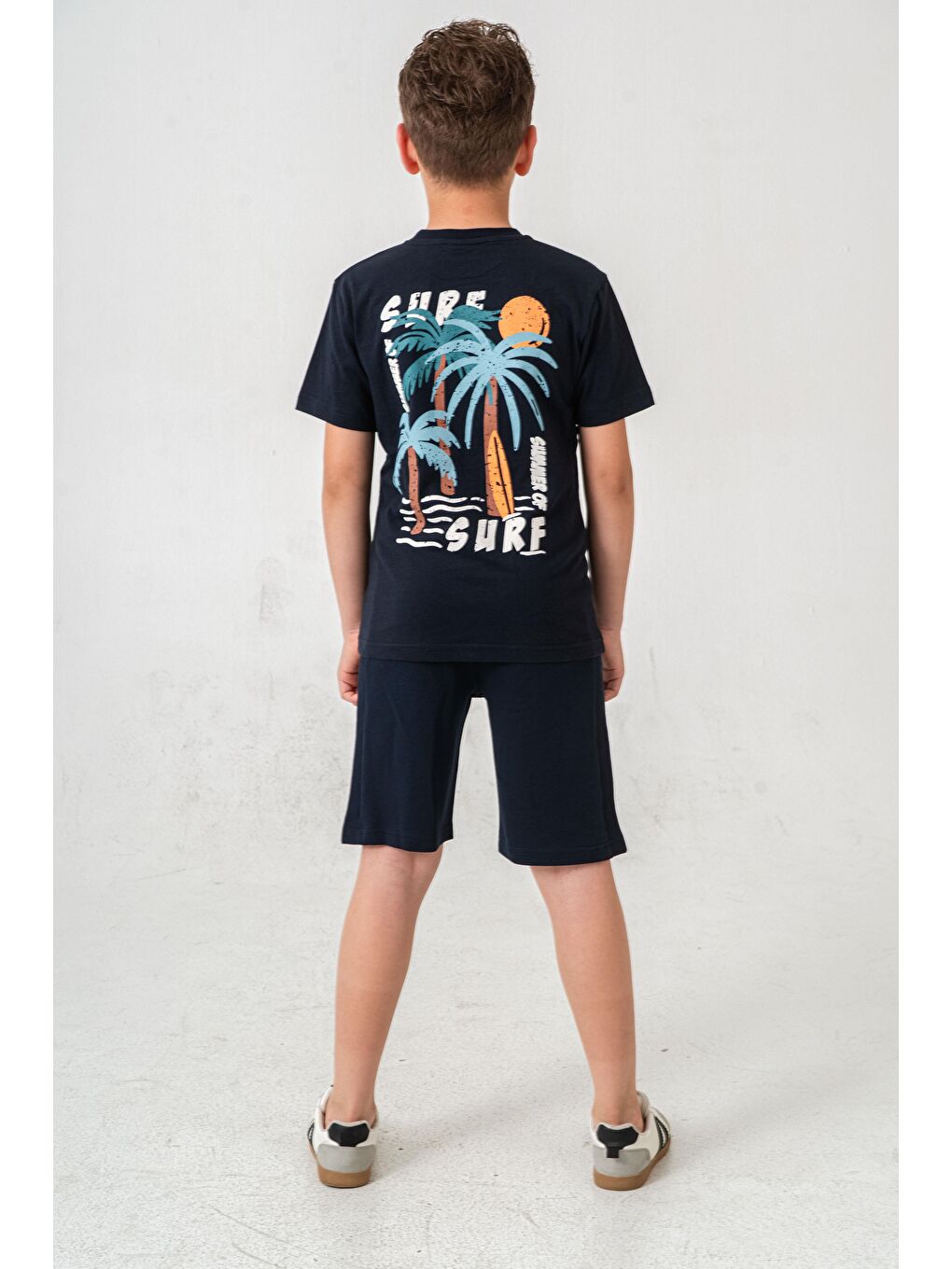 Lacivert Surf Ups Baskılı Bacak Ve Sırt  Baskı Detaylı  Erkek Çocuk Şort - Tişört Takımı-4